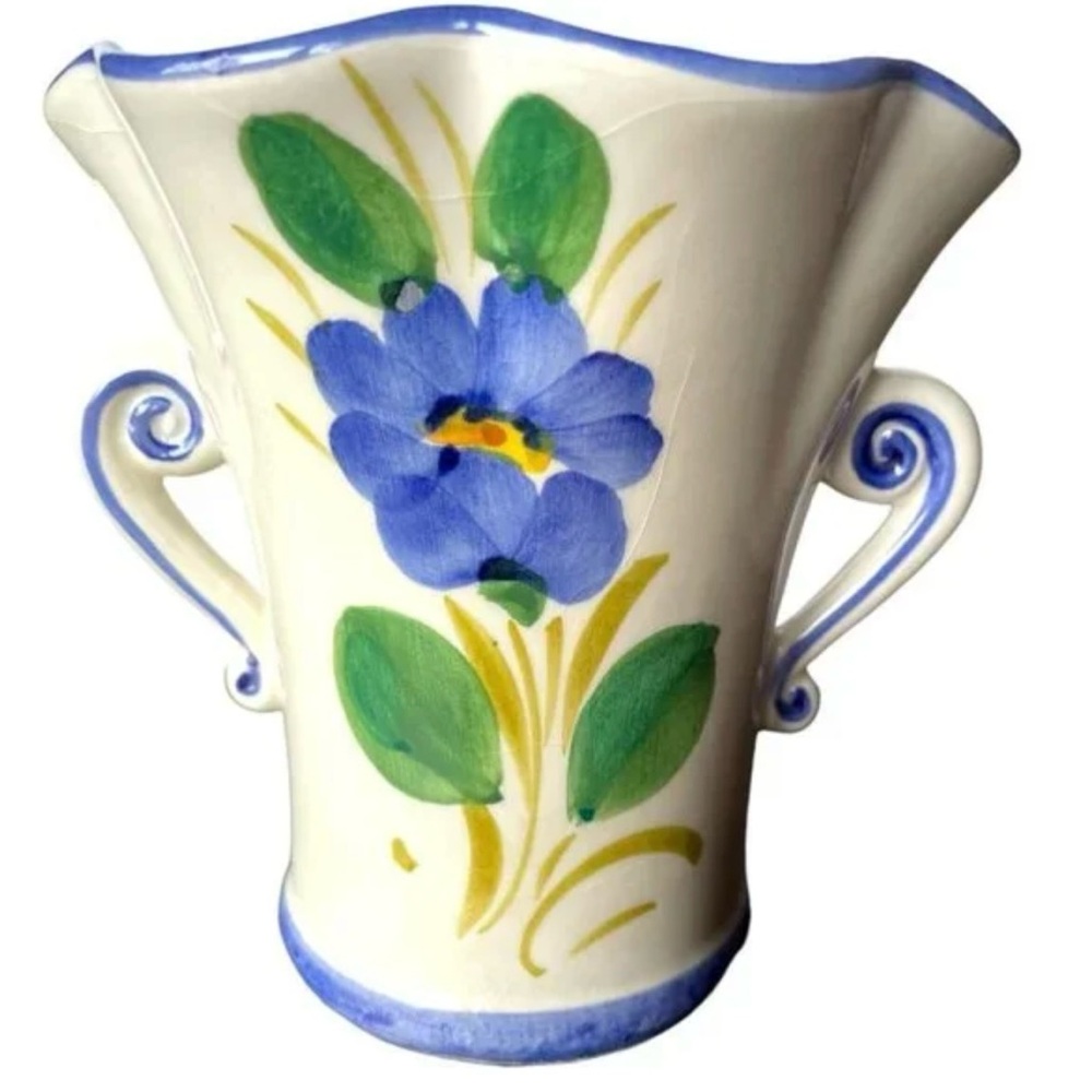 Vtg FTD Ceramic VASE Handpainted
Flowers Italy both side Handle brilliant color - Picture 2 of 14